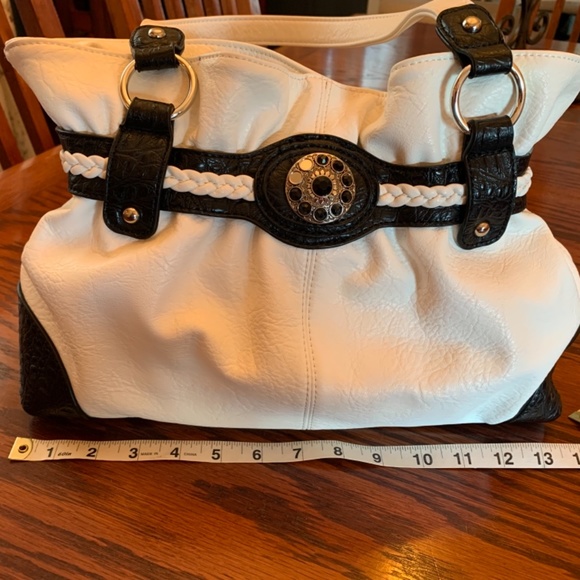 Black and White Leather Handbag with Silver-Toned Hardware - Picture 6 of 11